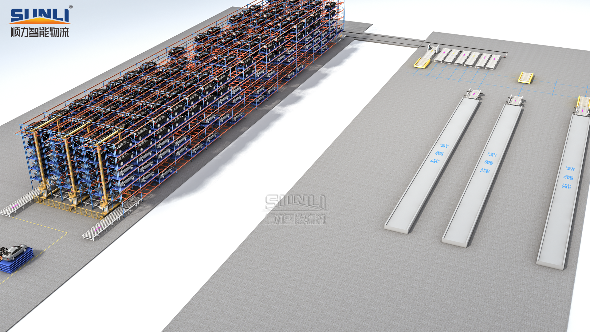 Structural steel single depth racking system showing safety accessories and wire mesh decking