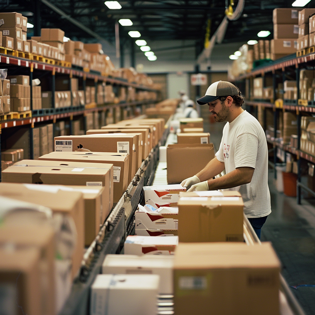 Distribution center with organized warehouse racks for order picking